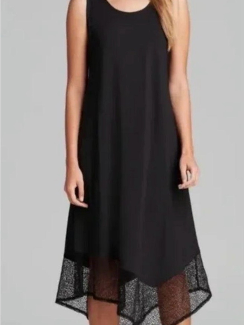 Eileen Fisher Black Sleeveless A-Line Dress with Sheer Asymmetrical Hem